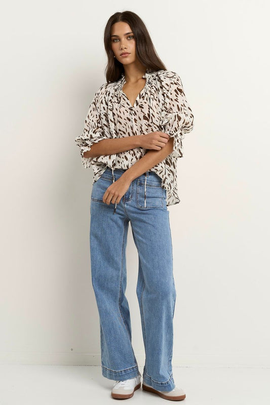 Certainty Shirred Neck SS Top (White Chocolate Animal)