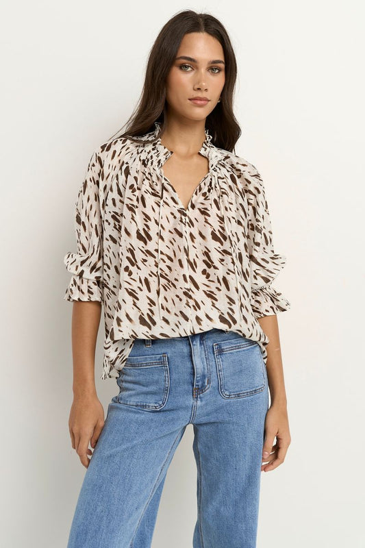 Certainty Shirred Neck SS Top (White Chocolate Animal)