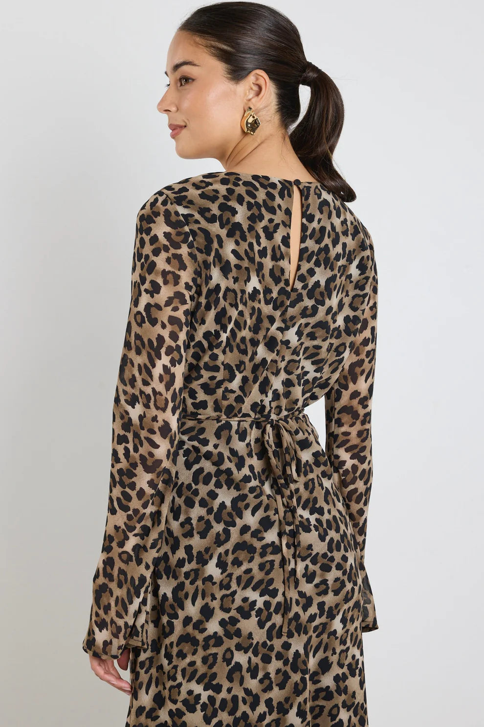Chateau Georgette Fluted Sleeve V Bias Midi Dress (Leopard)