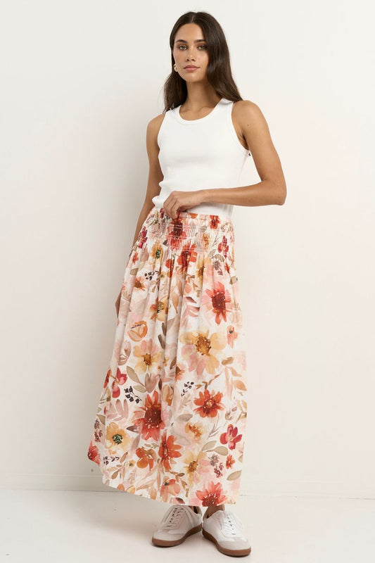 Cheerful Shirred Waist Maxi Skirt (Sunrise Meadow)