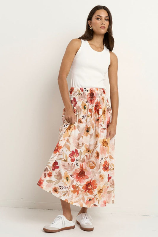 Cheerful Shirred Waist Maxi Skirt (Sunrise Meadow)