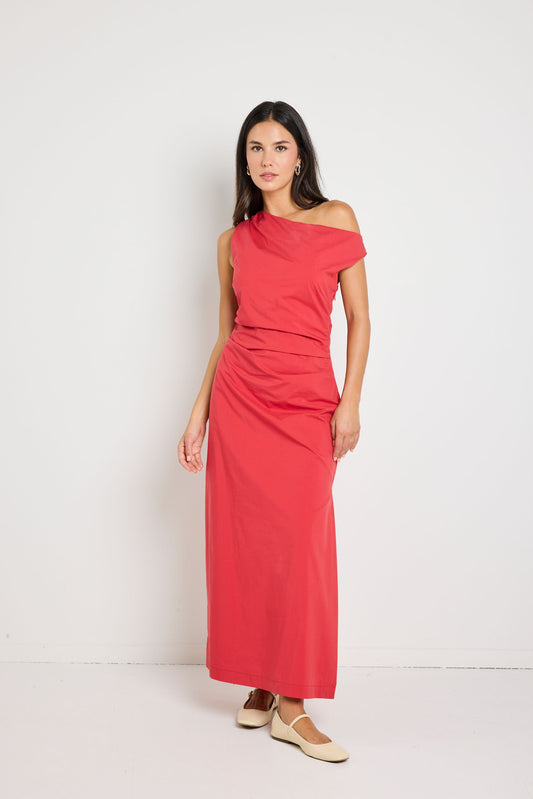 Classified Off Shoulder Tuck Maxi Dress (Cherry)