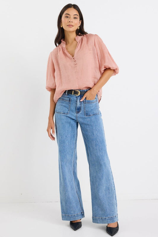 Closure High Neck Buttoned SS Top (Blush Ramie)