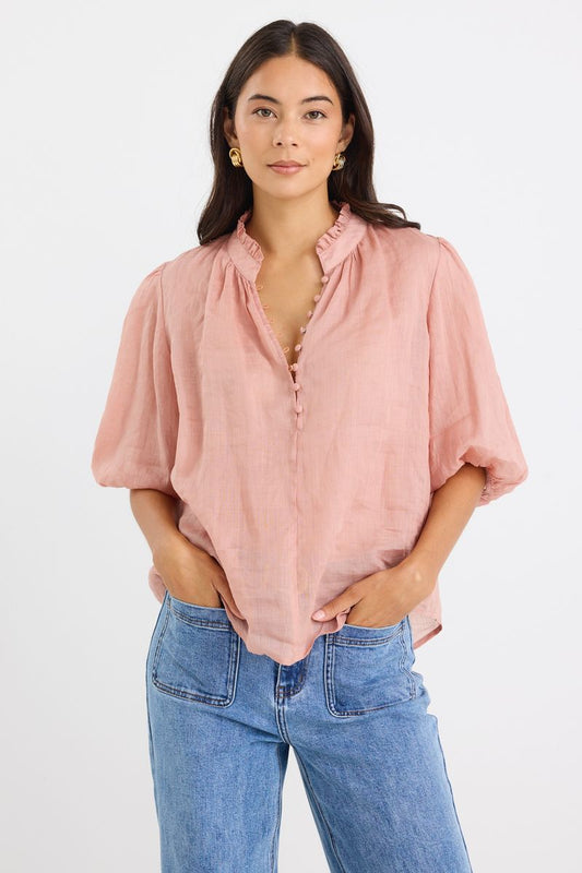 Closure High Neck Buttoned SS Top (Blush Ramie)