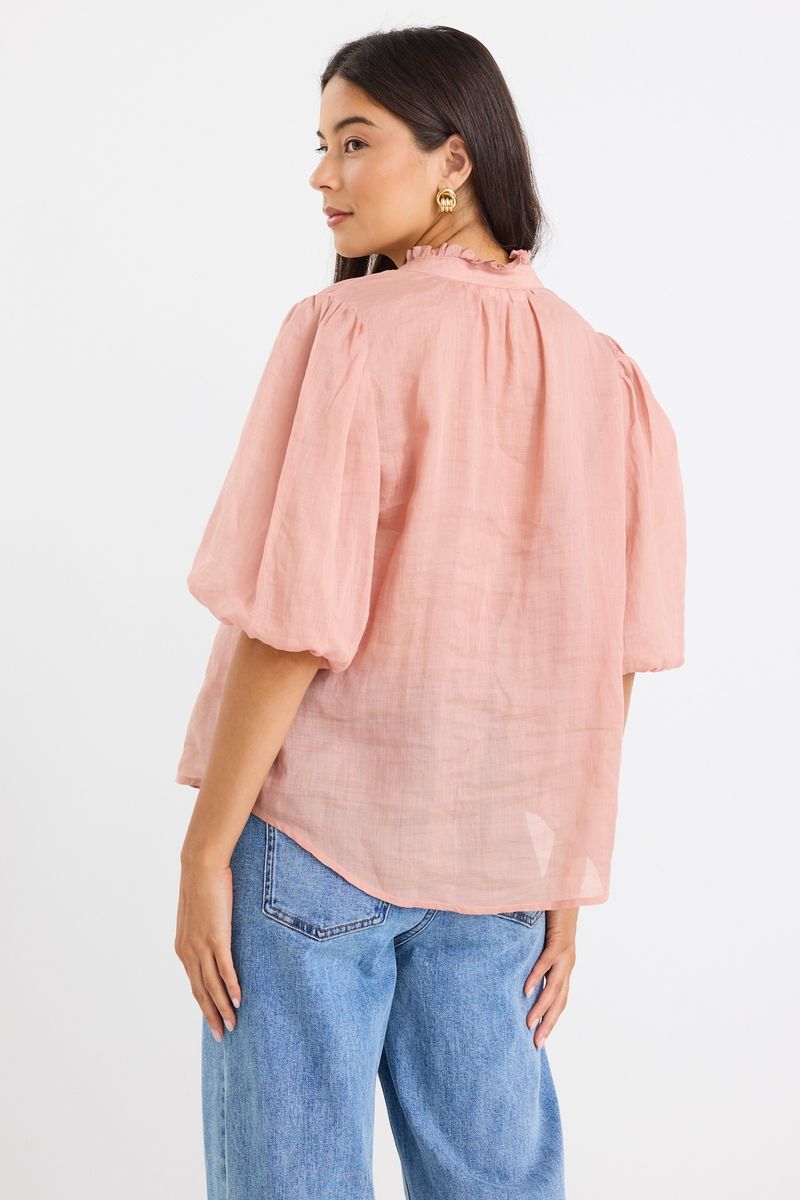 Closure High Neck Buttoned SS Top (Blush Ramie)
