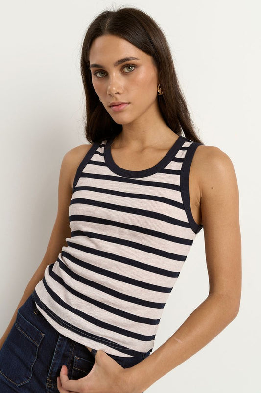 Cobble Rib Cutaway Tank (Navy/Ecru Stripe)