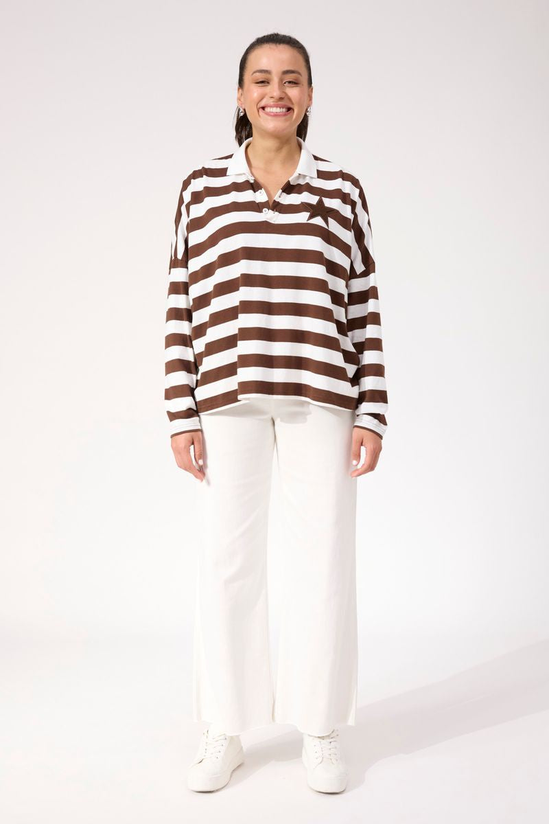 Haven Women's Cotton Chocolate Stripe Columbus Polo Top | Gretel Lane