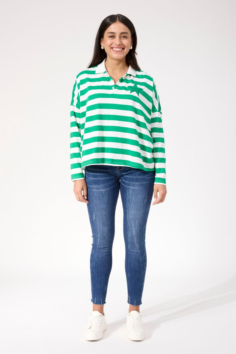 Haven Women's Green Stripe Cotton Columbus Polo Top | Gretel Lane
