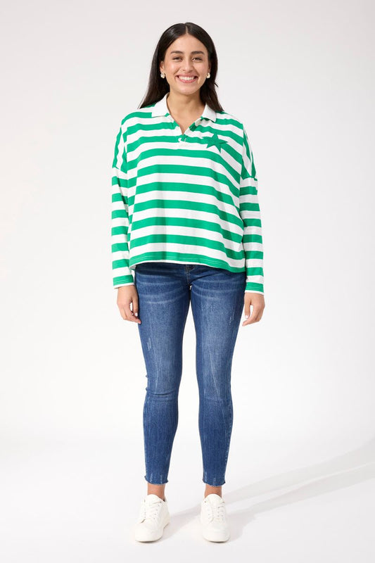 Haven Women's Green Stripe Cotton Columbus Polo Top | Gretel Lane