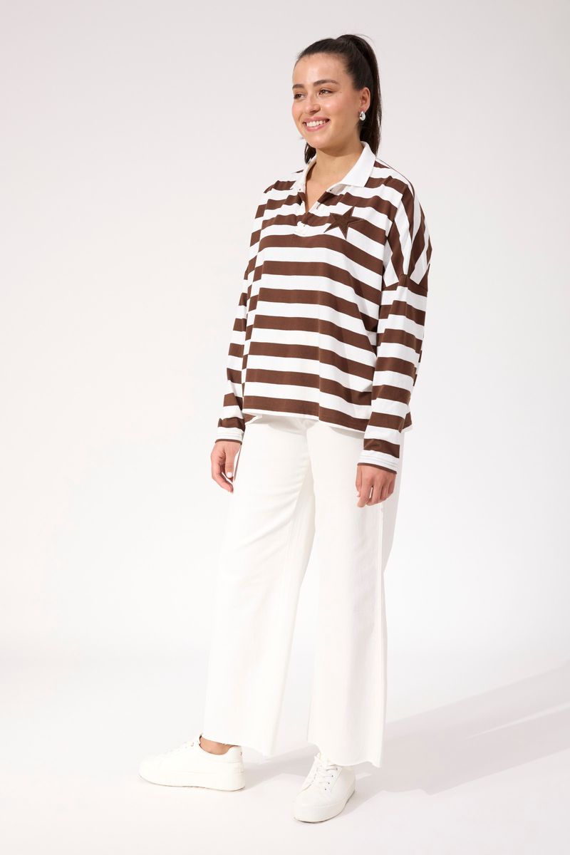 Haven Women's Cotton Chocolate Stripe Columbus Polo Top | Gretel Lane