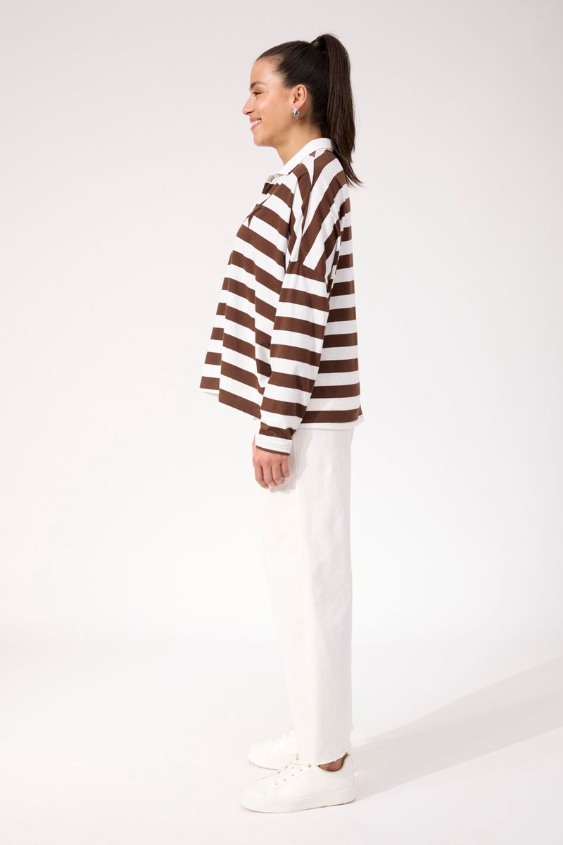 Haven Women's Cotton Chocolate Stripe Columbus Polo Top | Gretel Lane