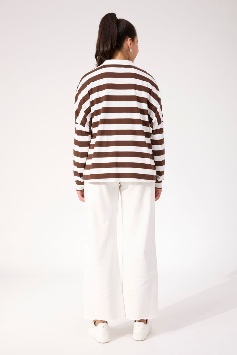 Haven Women's Cotton Chocolate Stripe Columbus Polo Top | Gretel Lane