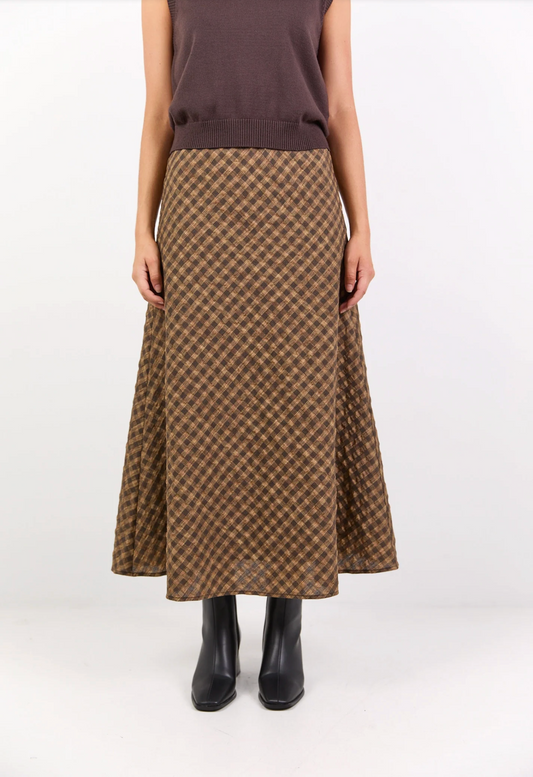 Stories Be Told Companion Cotton Blend Bias Maxi Skirt in Chocolate/Caramel Check | Women's Clothing | Gretel Lane