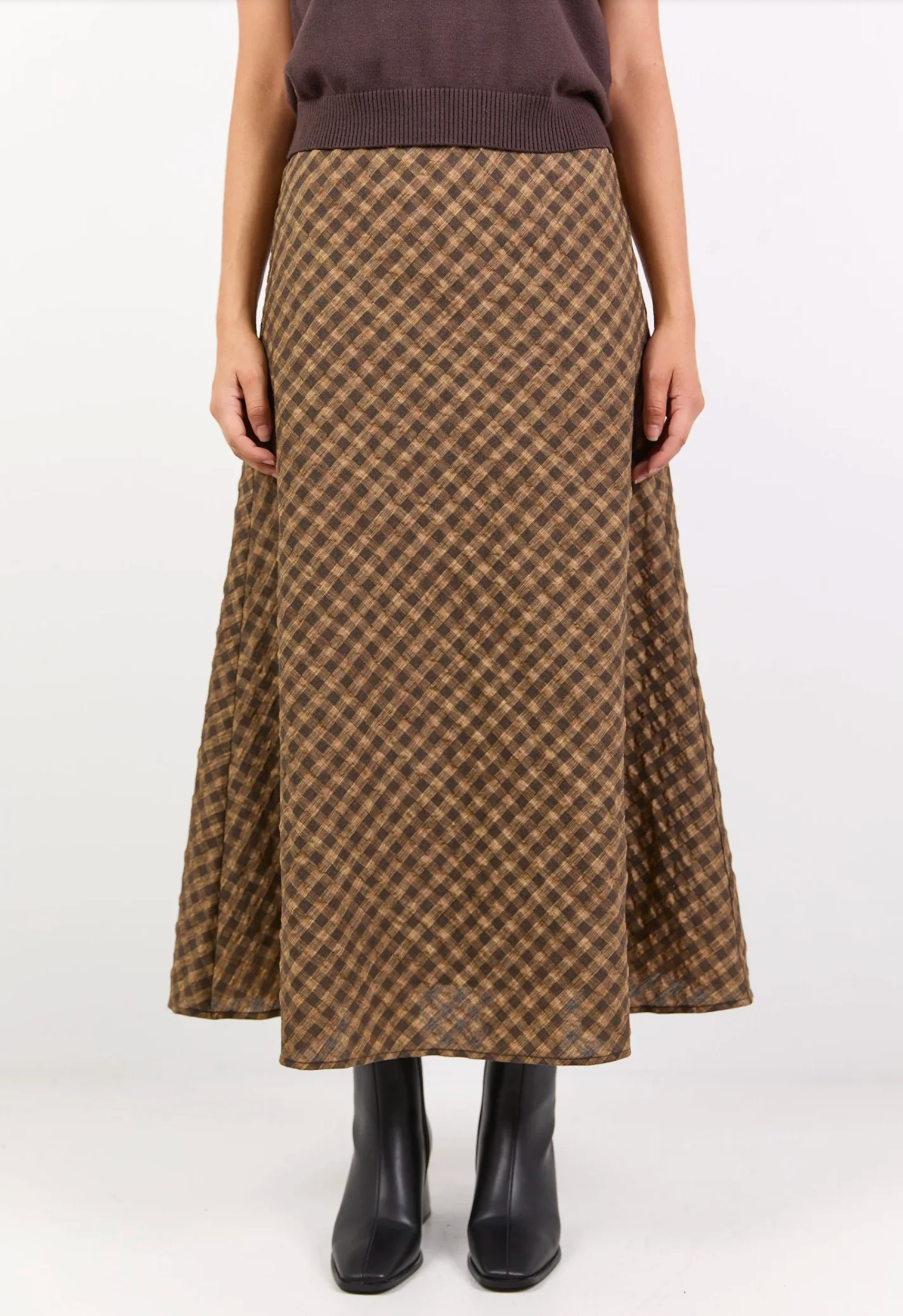 Stories Be Told Companion Cotton Blend Bias Maxi Skirt in Chocolate/Caramel Check | Women's Clothing | Gretel Lane