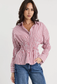 Storie Be Told Composite Shirred Body Button Through Shirt in Burgundy Plum Stripe | Women's Tops | Gretel Lane