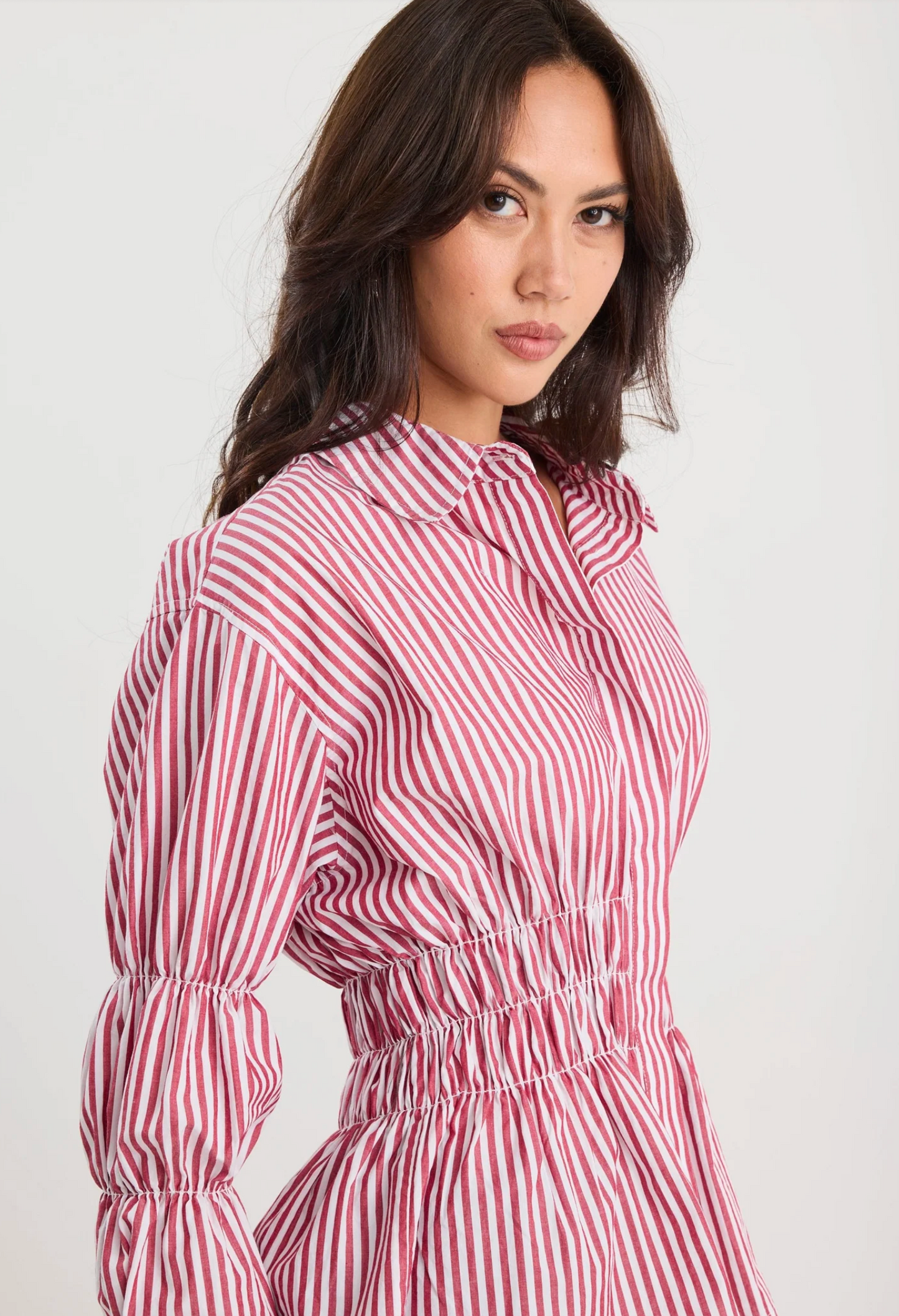 Storie Be Told Composite Shirred Body Button Through Shirt in Burgundy Plum Stripe | Women's Tops | Gretel Lane