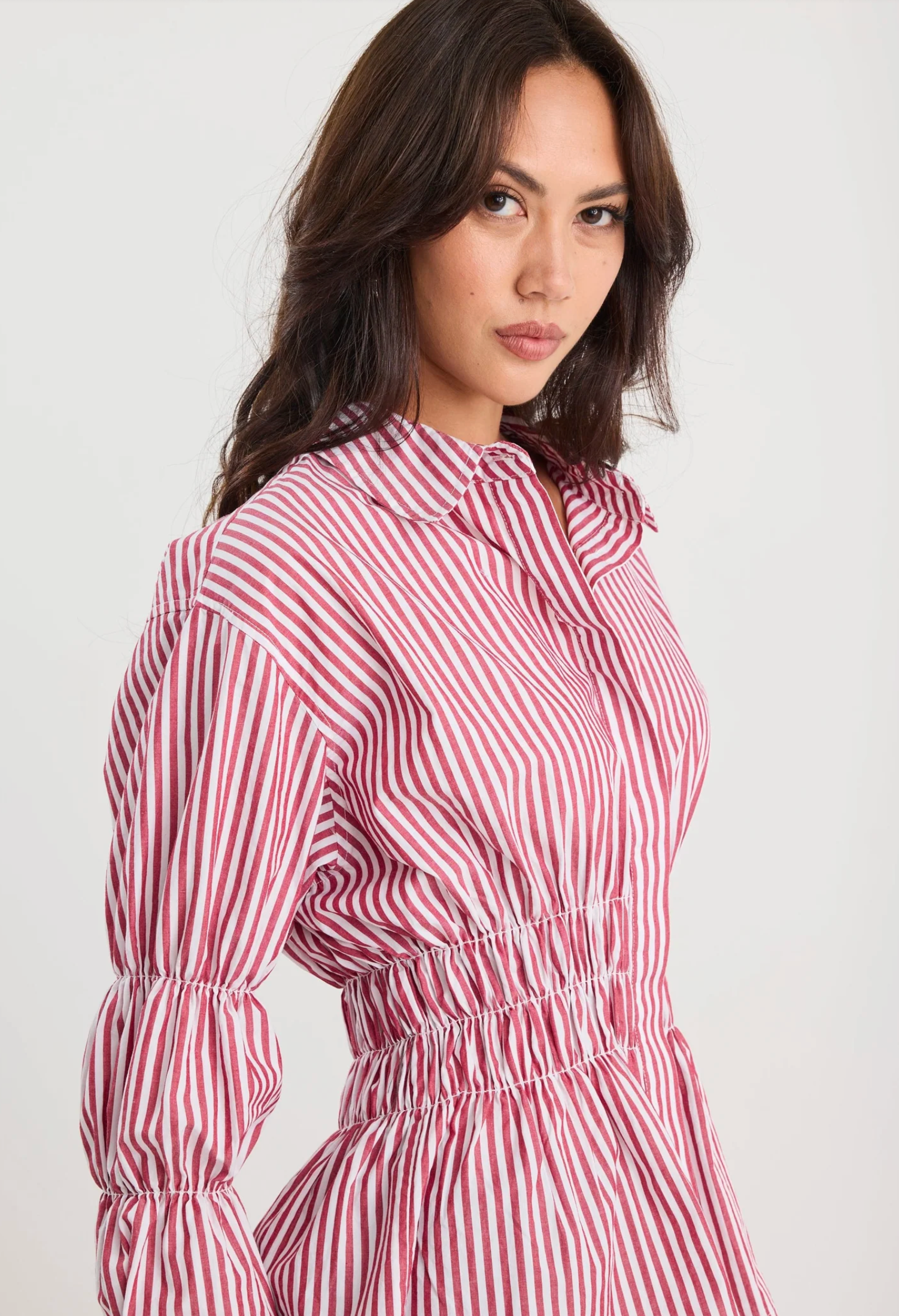 Storie Be Told Composite Shirred Body Button Through Shirt in Burgundy Plum Stripe | Women's Tops | Gretel Lane