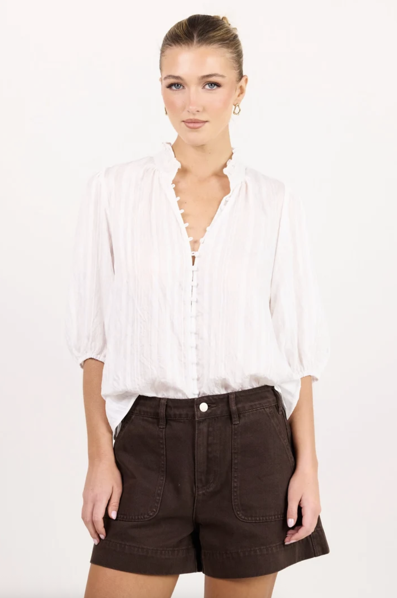 Ivy + Jack Continuance Button Through Mid Sleeve Top Ivory Self Stripe | Women's Tops | Gretel Lane