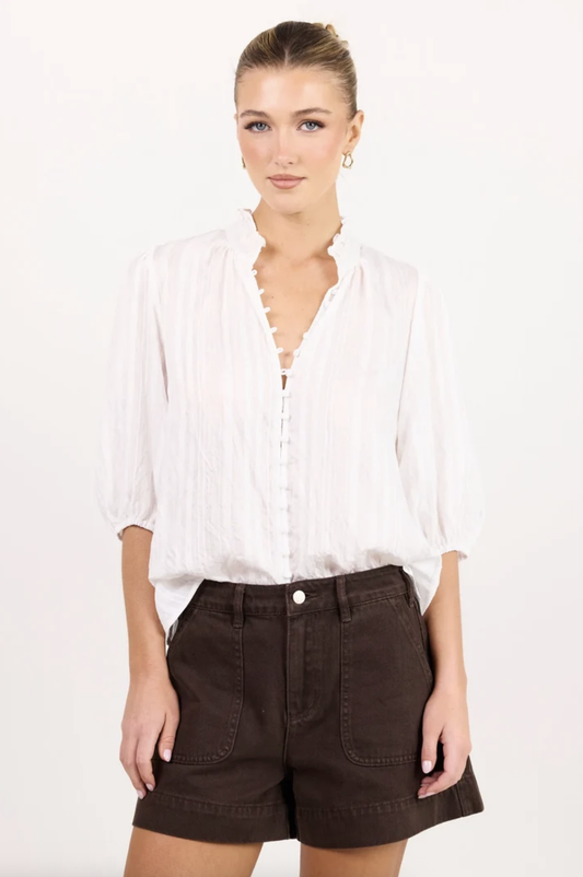Ivy + Jack Continuance Button Through Mid Sleeve Top Ivory Self Stripe | Women's Tops | Gretel Lane