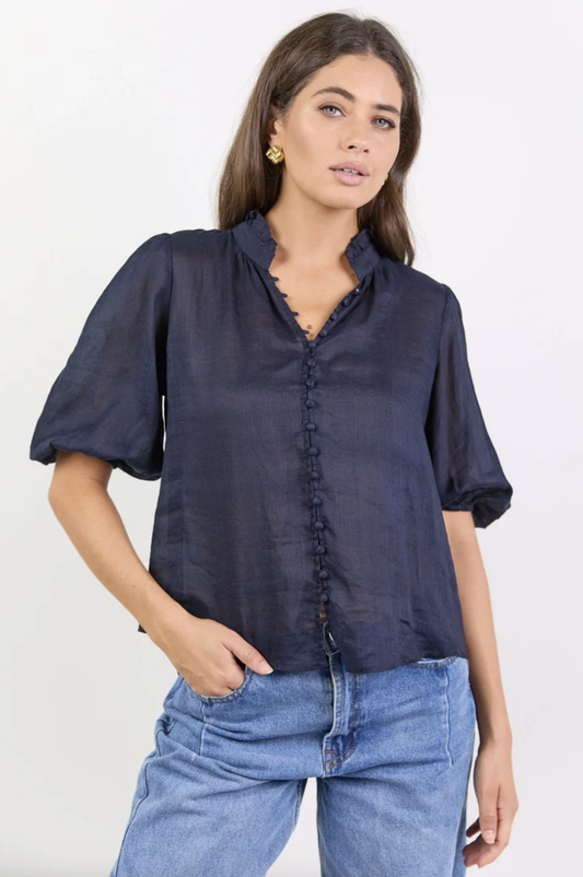 Ivy + Jack Continuance Ramie High Neck Buttoned Short Sleeve Top Navy | Women's Blouses | Gretel Lane