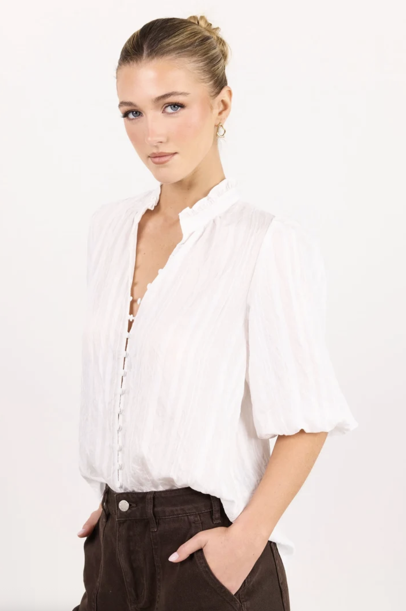 Ivy + Jack Continuance Button Through Mid Sleeve Top Ivory Self Stripe | Women's Tops | Gretel Lane