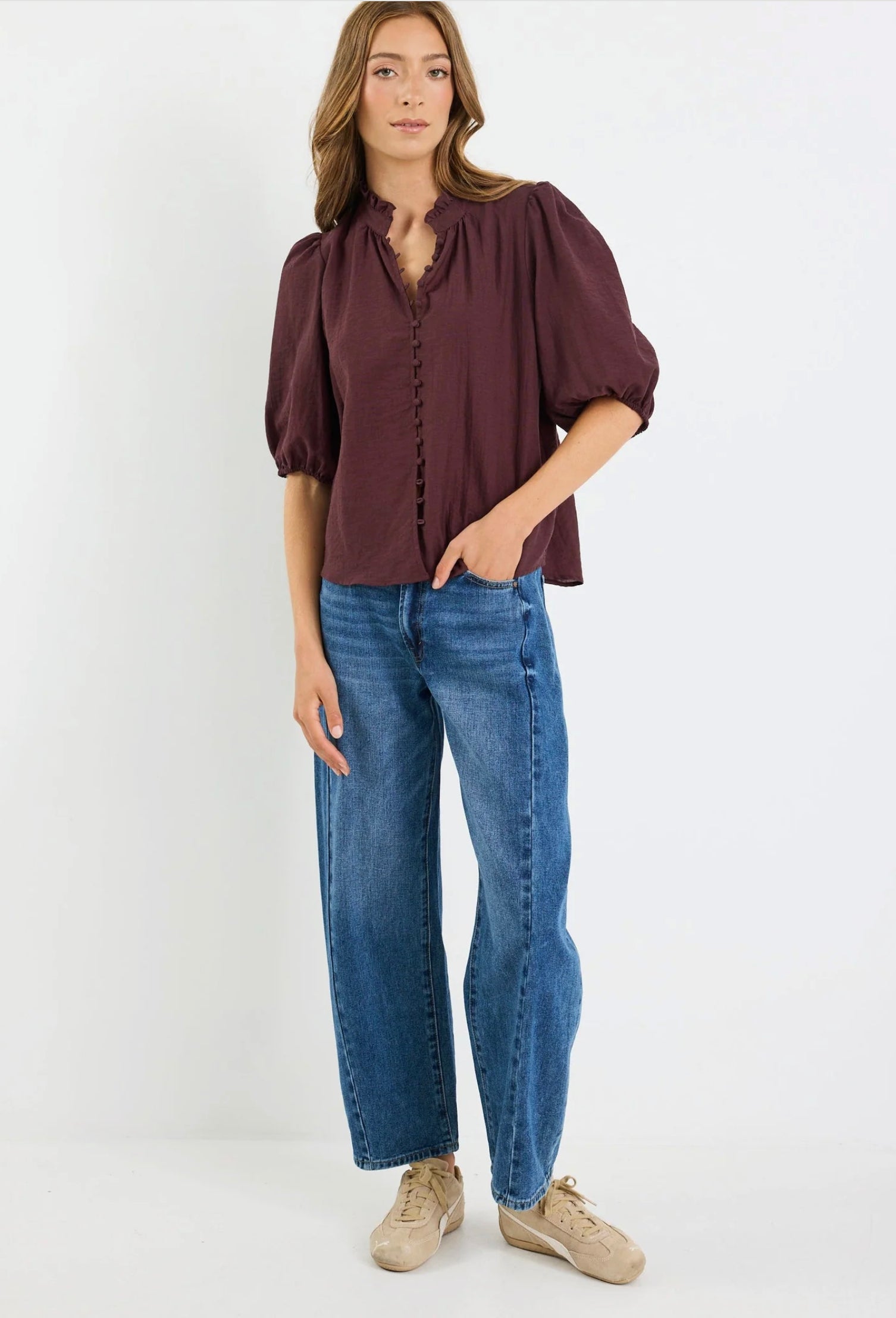 Ivy + Jack Continuance High Neck Buttoned Short Sleeve Top Chocolate | Women's tops | Gretel Lane