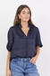 Ivy + Jack Continuance Ramie High Neck Buttoned Short Sleeve Top Navy | Women's Blouses | Gretel Lane