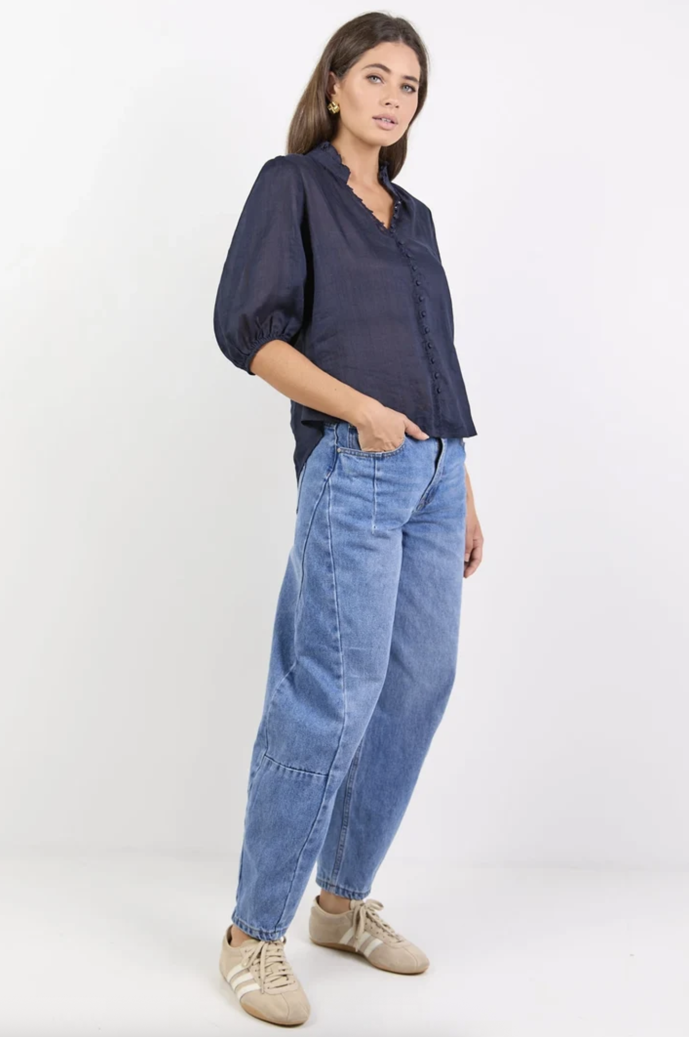 Ivy + Jack Continuance Ramie High Neck Buttoned Short Sleeve Top Navy | Women's Blouses | Gretel Lane