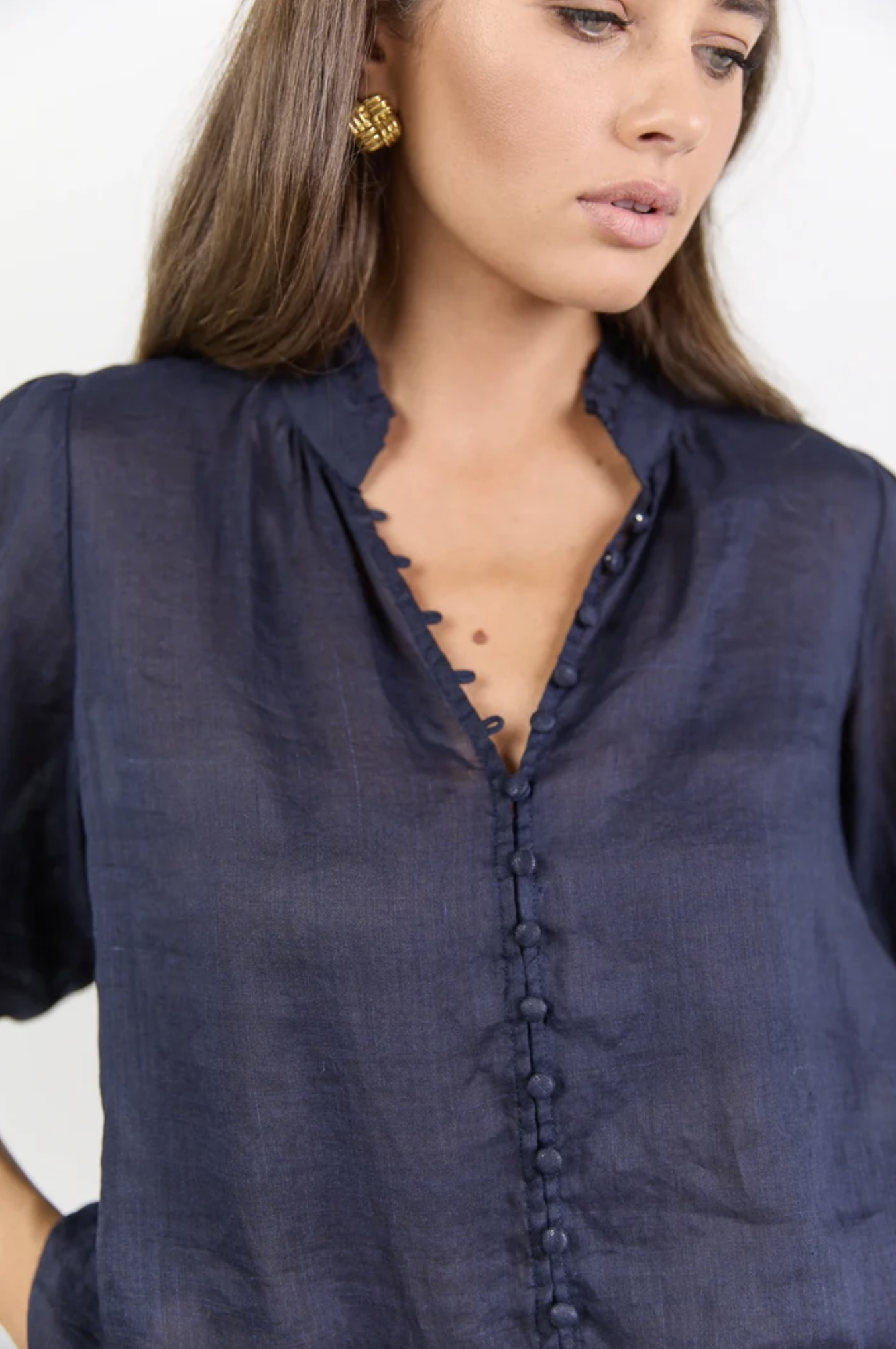Ivy + Jack Continuance Ramie High Neck Buttoned Short Sleeve Top Navy | Women's Blouses | Gretel Lane