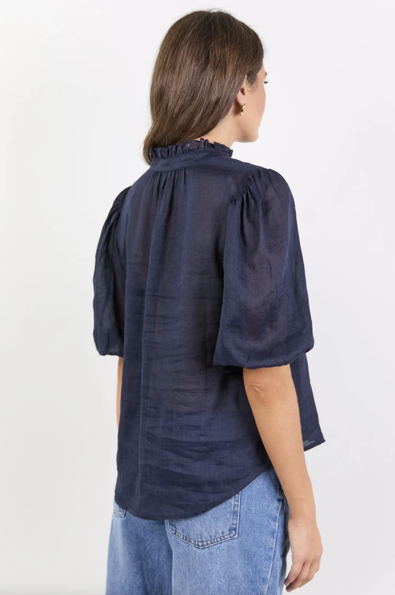 Ivy + Jack Continuance Ramie High Neck Buttoned Short Sleeve Top Navy | Women's Blouses | Gretel Lane