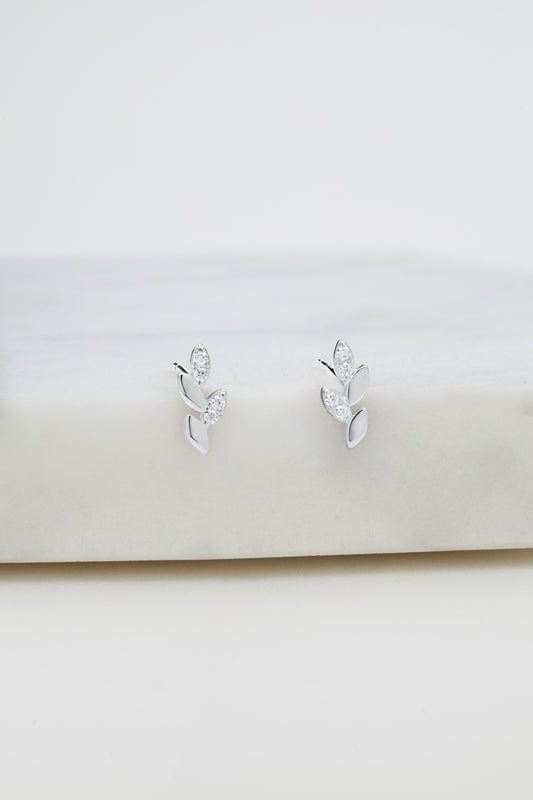 Crystal Leaf Stud Earring (Silver)