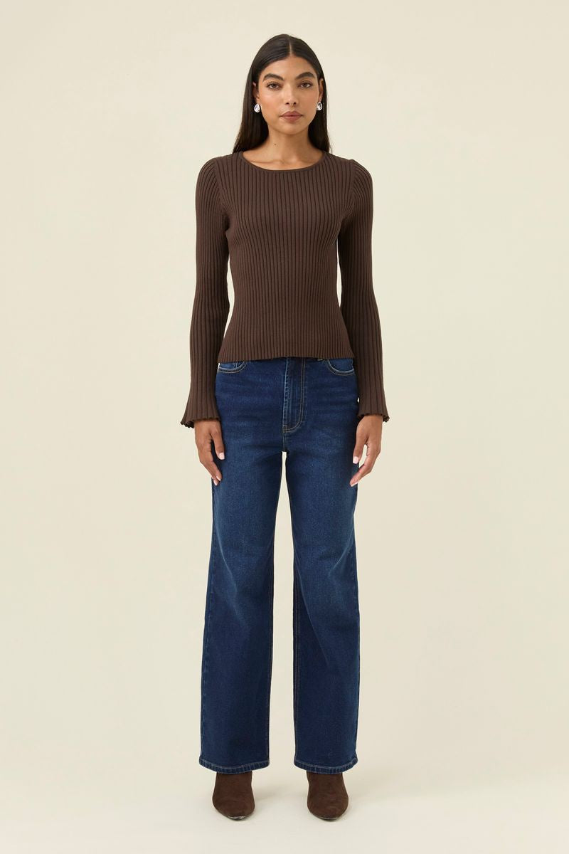 Isle f Mine Women's Darby Chocolate Ribbed Knit Fluted Sleeve Top | Gretel Lane