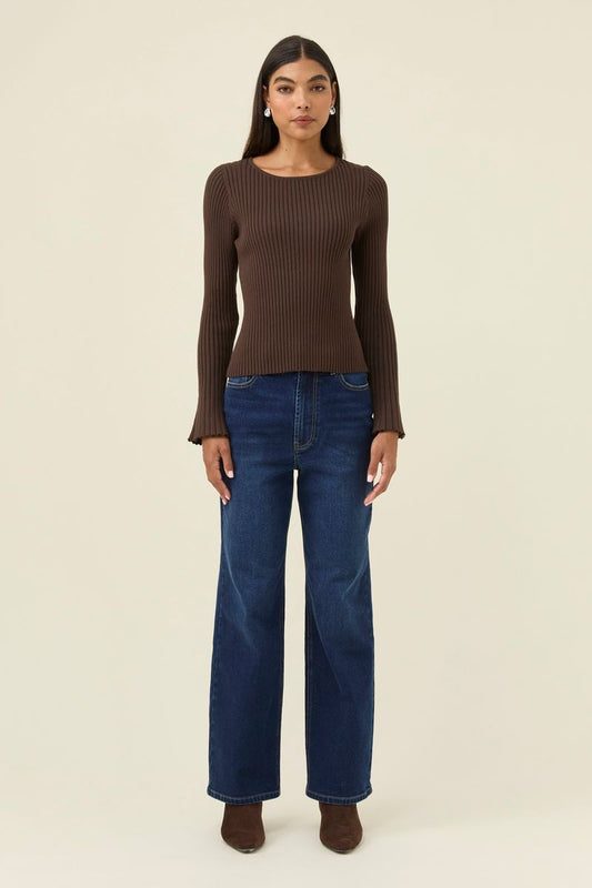 Isle f Mine Women's Darby Chocolate Ribbed Knit Fluted Sleeve Top | Gretel Lane