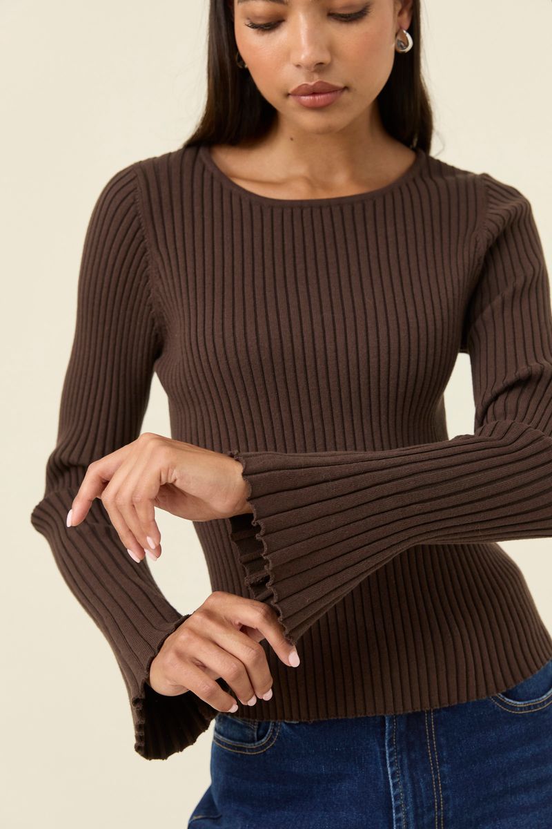 Isle of Mine Women's Darby Chocolate Ribbed Knit Fluted Sleeve Top | Gretel Lane