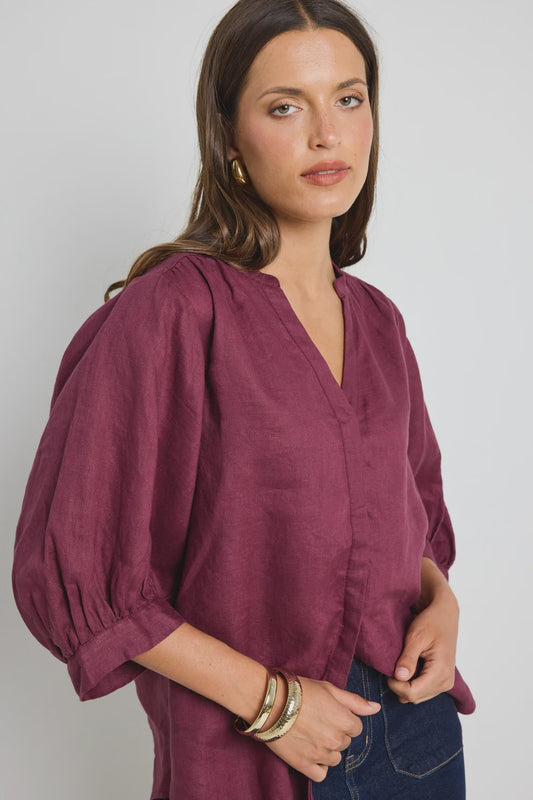 Deity Linen Button Through Puff Sleeve SS Blouse (Burgundy)
