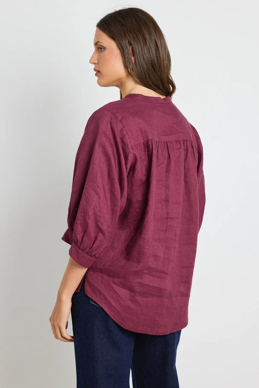 Deity Linen Button Through Puff Sleeve SS Blouse (Burgundy)