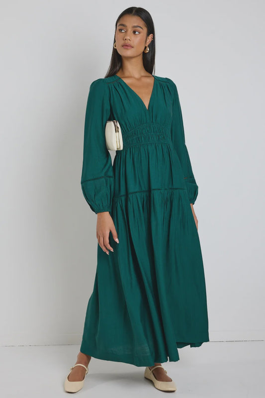 Divine Balloon Sleeve Tiered Maxi Dress (Forest)