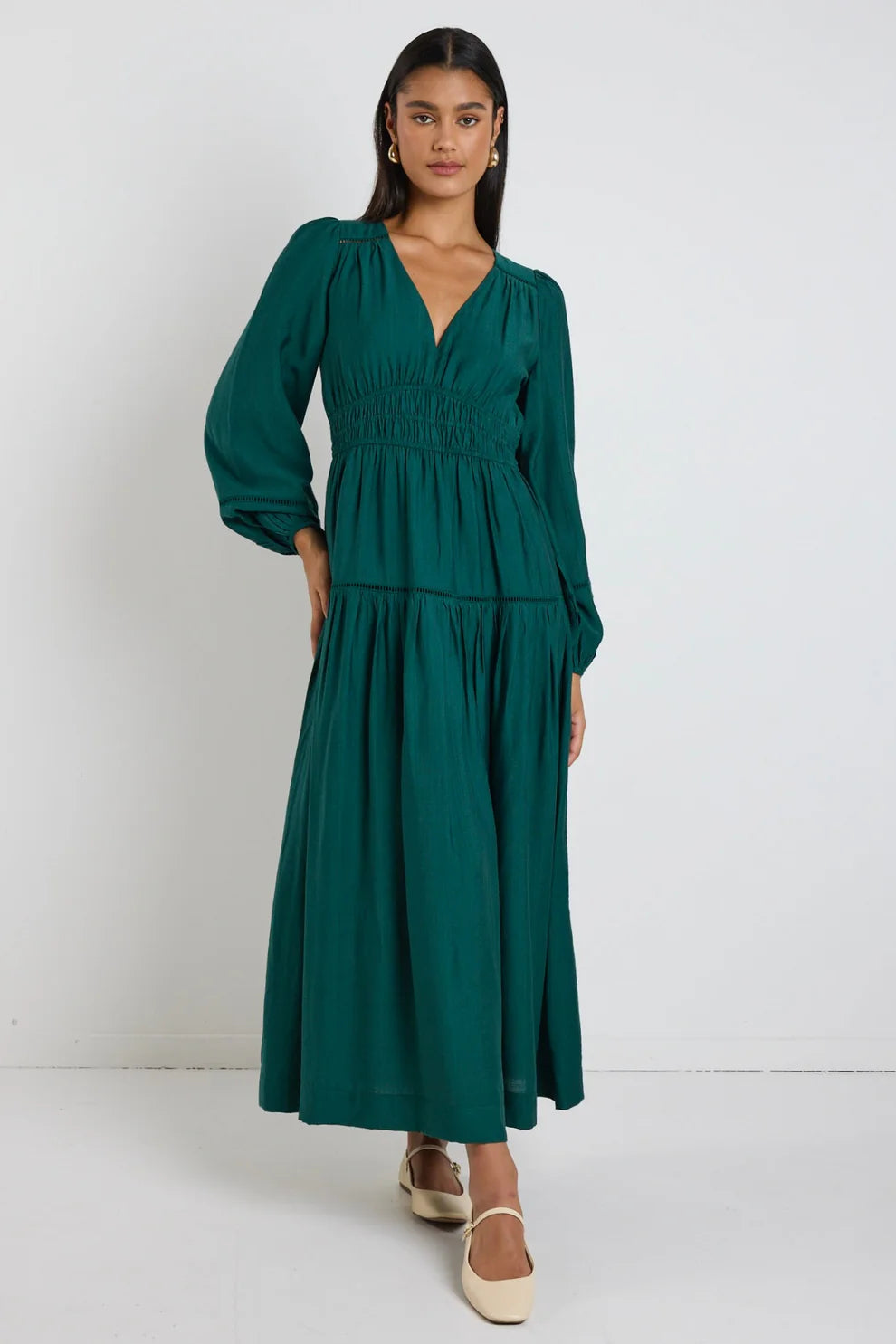 Divine Balloon Sleeve Tiered Maxi Dress (Forest)