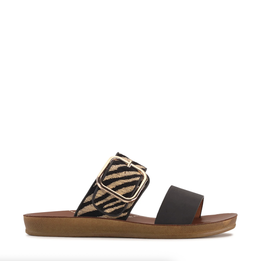 Los Cabos Doti Flat Double Strap Slip-On Sandal Black with Zebra | Gretel lane | Women's Sandal 