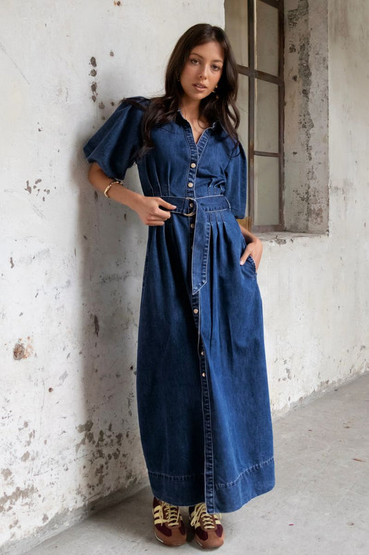 Dusk Puff Sleeve Maxi Shirt Dress (Indigo Denim)