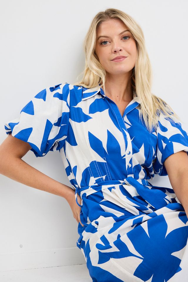 Dusk Puff Short Sleeve Maxi Shirt Dress (Bright Blue Abstract)
