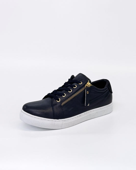 Cabello Women's EG520 Navy Leather Zip up Sneaker | Gretel Lane