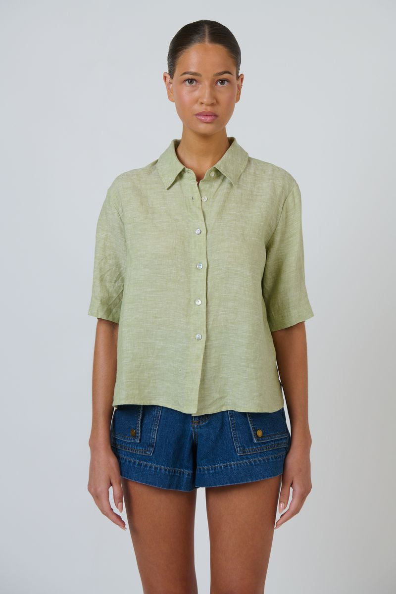Enveloppe ENVC-165 - Linen Short Sleeve Button Through Shirt Kiwi Green | Women's Clothing | Gretel Lane