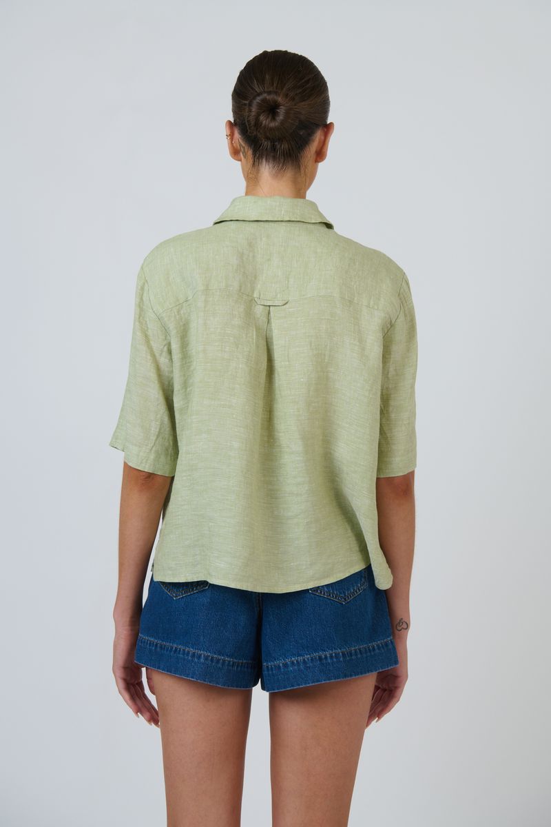Enveloppe ENVC-165 - Linen Short Sleeve Button Through Shirt Kiwi Green | Women's Clothing | Gretel Lane
