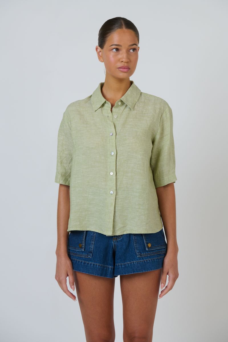 Enveloppe ENVC-165 - Linen Short Sleeve Button Through Shirt Kiwi Green | Women's Clothing | Gretel Lane