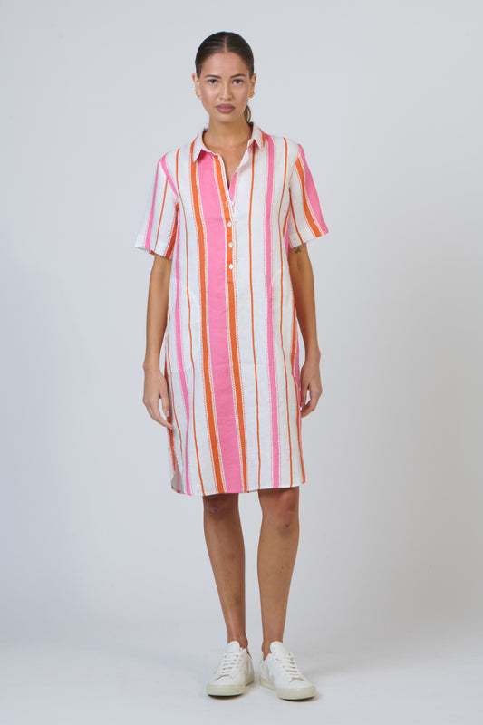 striped linen shirt dress women pink orange | summer dress