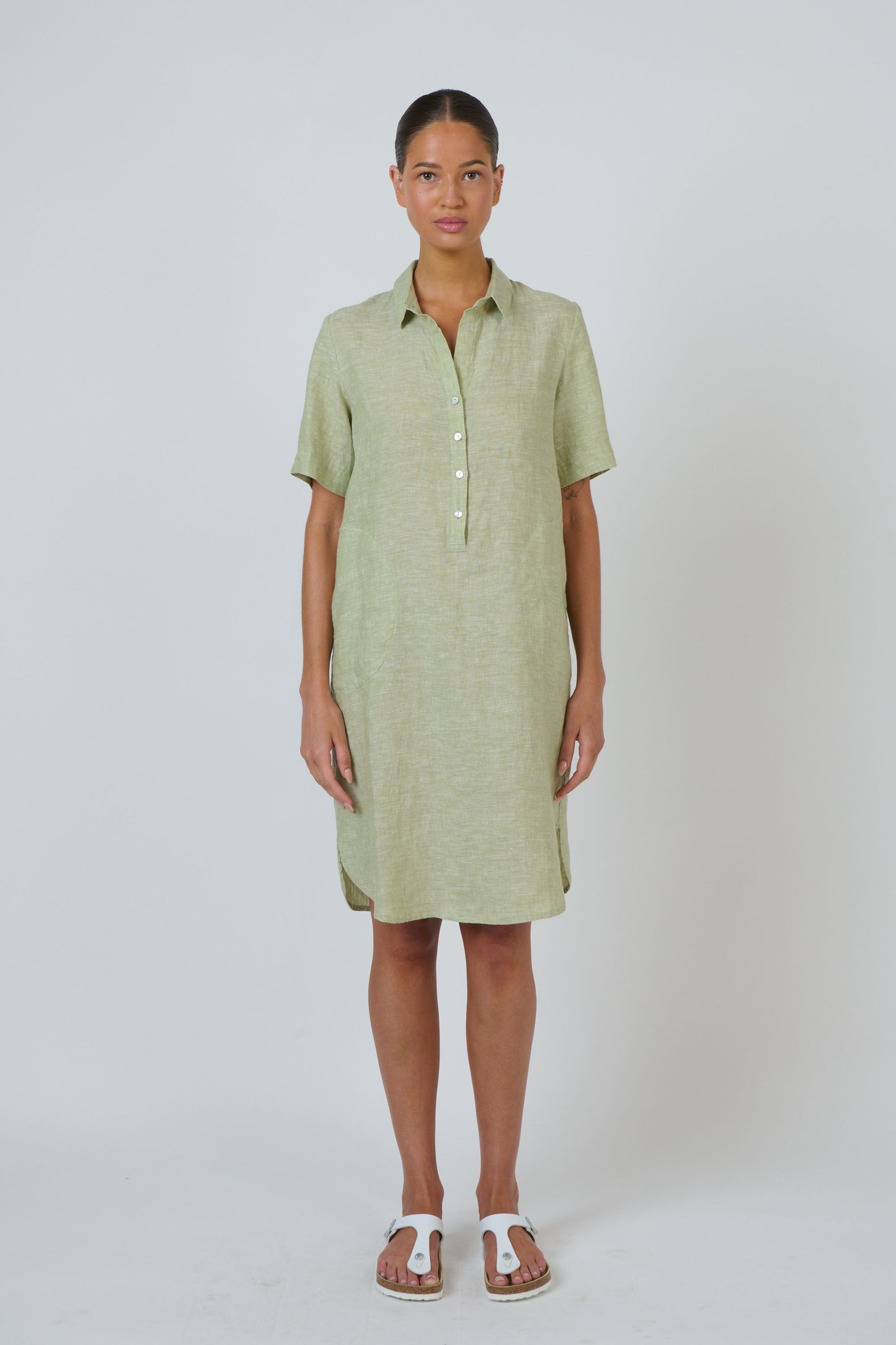 Enveloppe ENVD-169 - Linen Knee-Length Collared Dress Kiwi Green | Women's Clothing | Gretel Lane