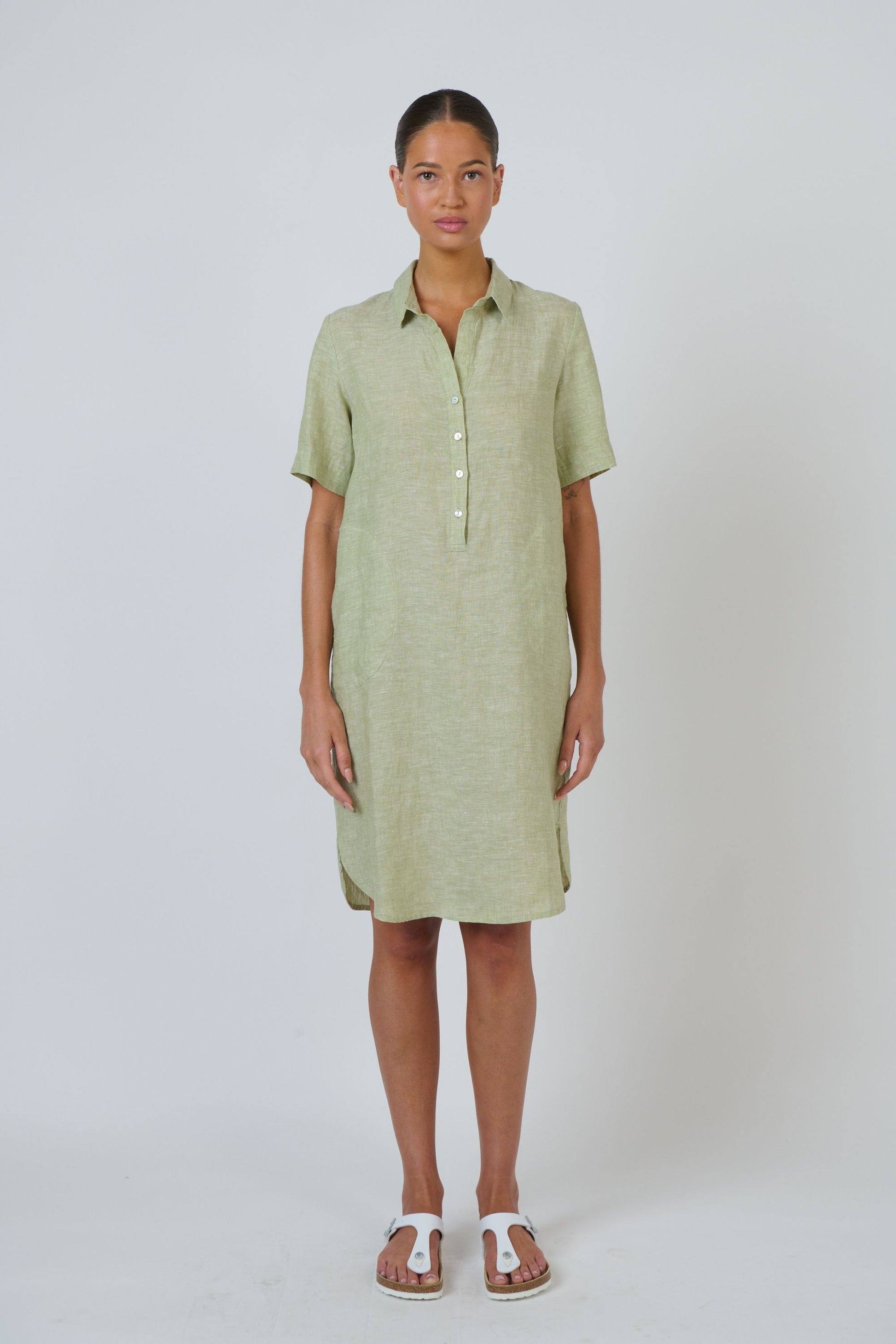Enveloppe ENVD-169 - Linen Knee-Length Collared Dress Kiwi Green | Women's Clothing | Gretel Lane