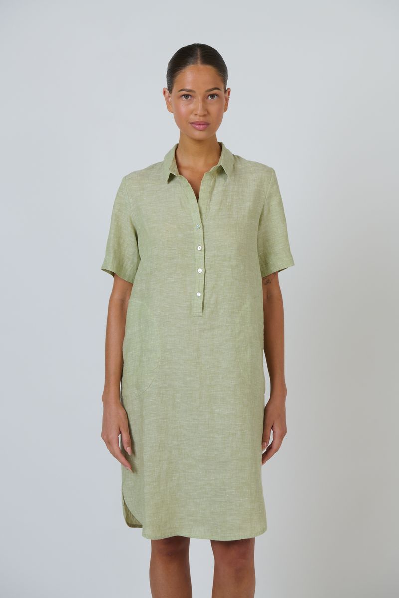 Enveloppe ENVD-169 - Linen Knee-Length Collared Dress Kiwi Green | Women's Clothing | Gretel Lane