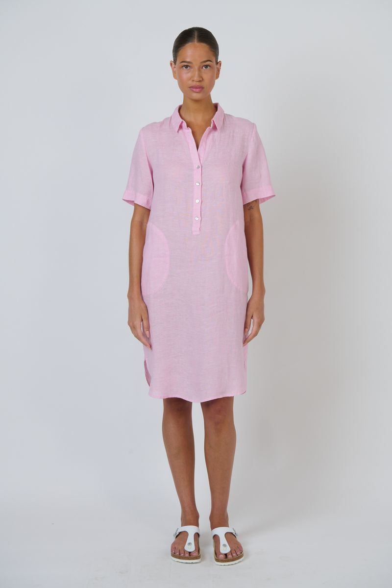 Enveloppe ENVD-170 - Linen Knee-Length Collared Dress Bonbon Pink | Women's Clothing | Gretel Lane